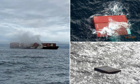 Video. Navă în flăcări, cu încărcătură periculoasă, în Columbia Britanică. Sunt temeri de un dezastru ecologic