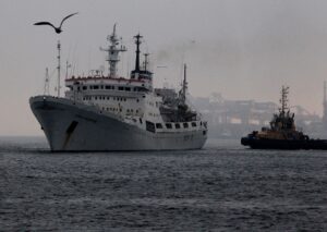 The Admiral Vladimirsky research vessel moors in Vladivostok