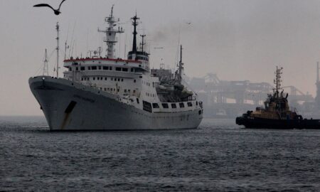 The Admiral Vladimirsky research vessel moors in Vladivostok